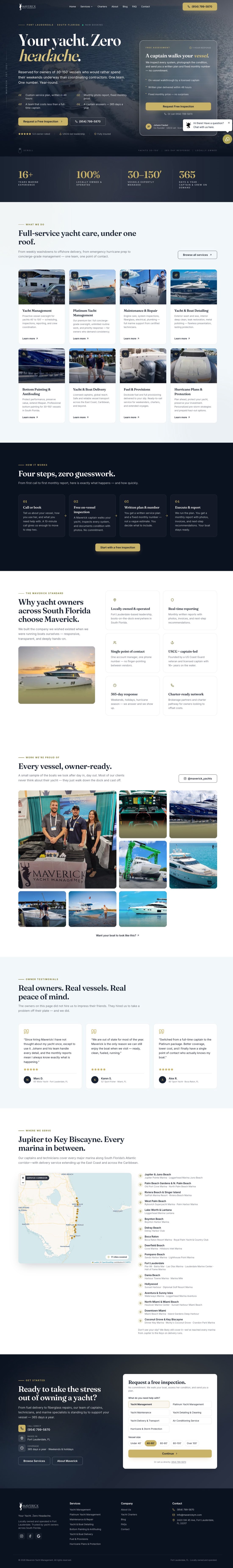 Maverick Yacht Management website built by Revive Agency — dark luxury homepage with yacht-care services and inspection booking