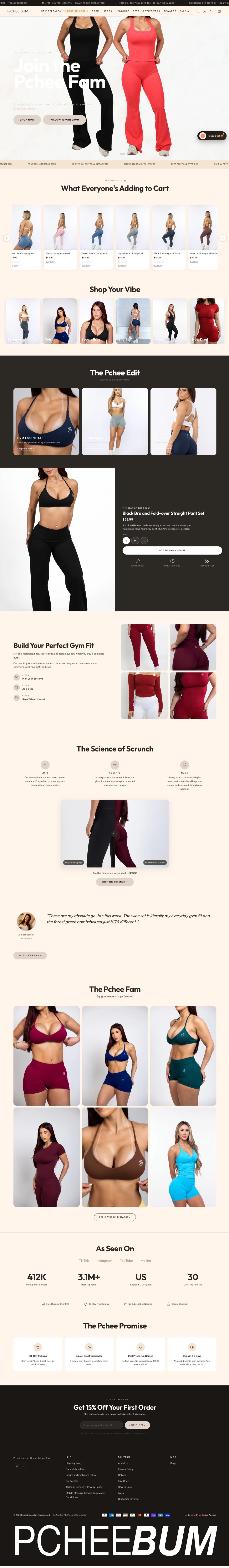 Pcheebum athleisure Shopify homepage built by Revive Agency — hero, product collections, bundle builder and UGC social proof