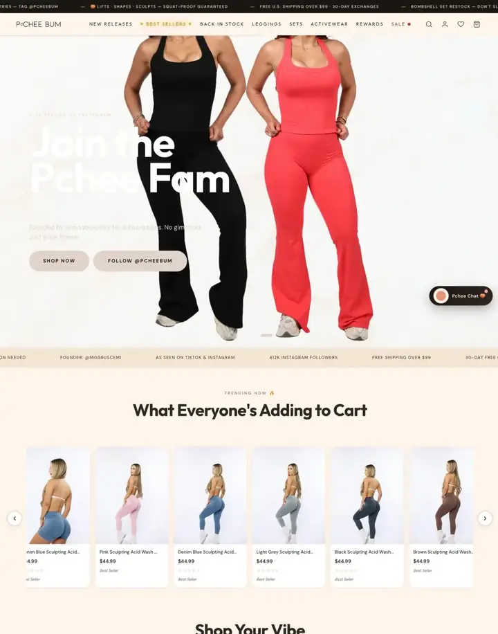 Pcheebum athleisure Shopify homepage built by Revive Agency: hero, product collections, bundle builder and UGC social proof