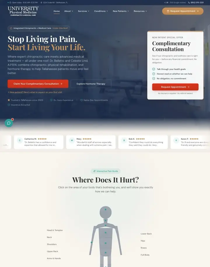 University Physical Medicine website built by Revive Agency: chiropractic and physical medicine practice with symptom finder and intake form