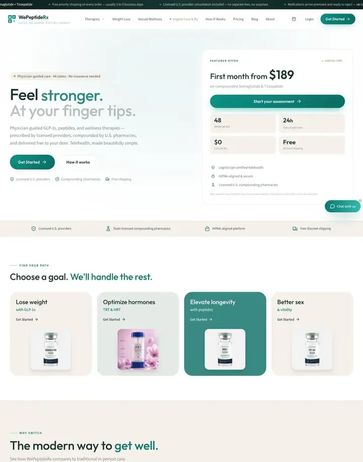 WePeptideRx telehealth website built by Revive Agency: physician-guided peptide therapy with assessment funnel and transparent pricing