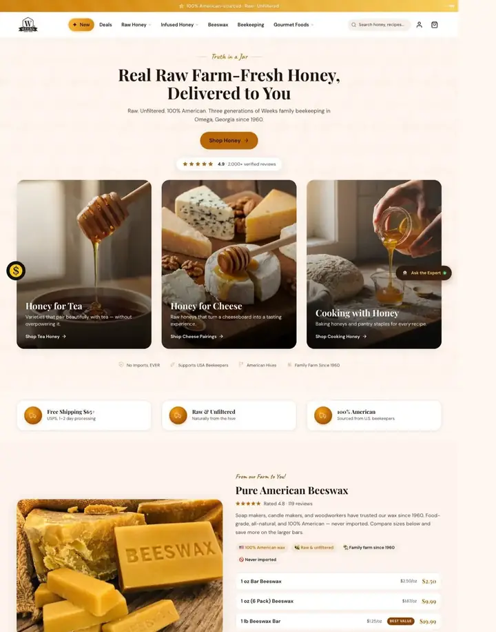Weeks Honey Farm Shopify homepage built by Revive Agency: raw honey collections, family story and rewards club